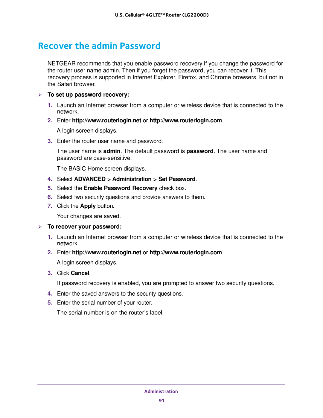 NETGEAR (LG2200D) user manual Recover the admin Password,  To set up password recovery,  To recover your password 