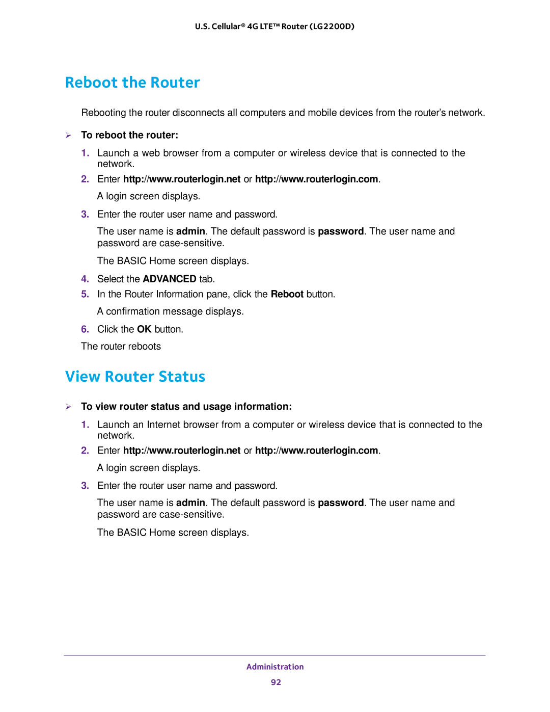 NETGEAR (LG2200D) user manual Reboot the Router, View Router Status,  To reboot the router 