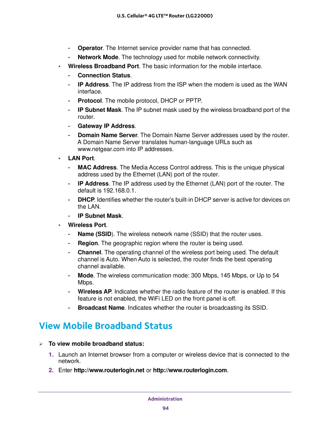 NETGEAR (LG2200D) user manual View Mobile Broadband Status, Connection Status, Gateway IP Address LAN Port 