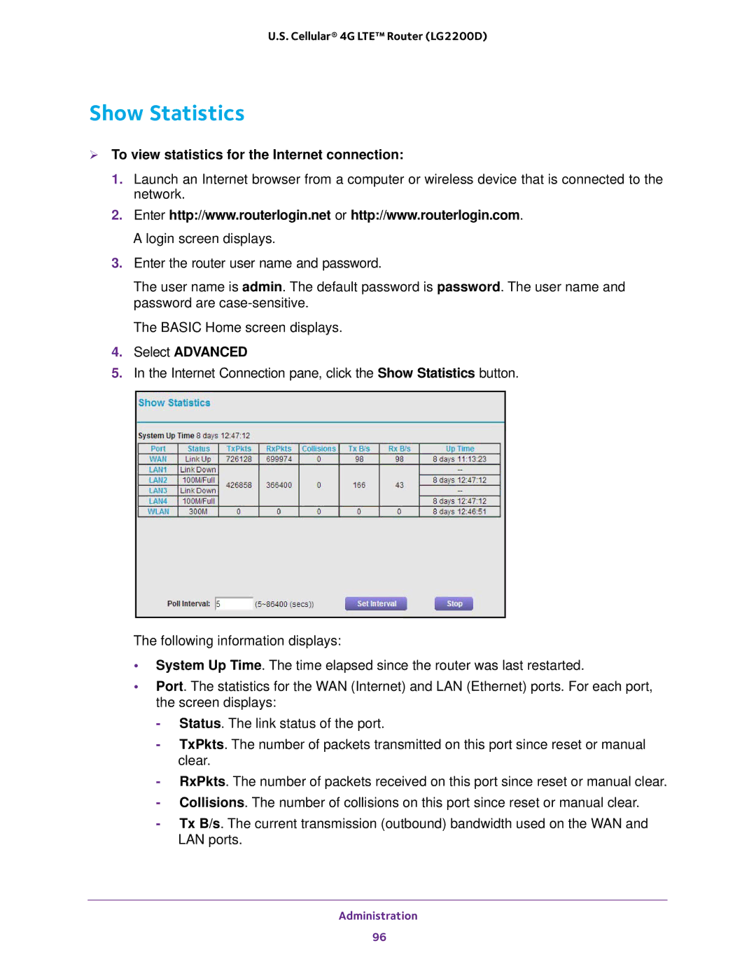 NETGEAR (LG2200D) user manual Show Statistics,  To view statistics for the Internet connection 