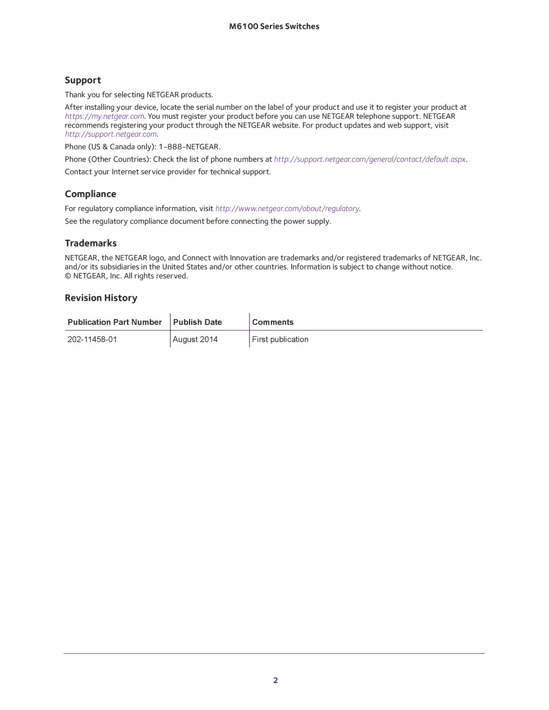 NETGEAR m6100 manual Support, Compliance, Trademarks, Revision History 