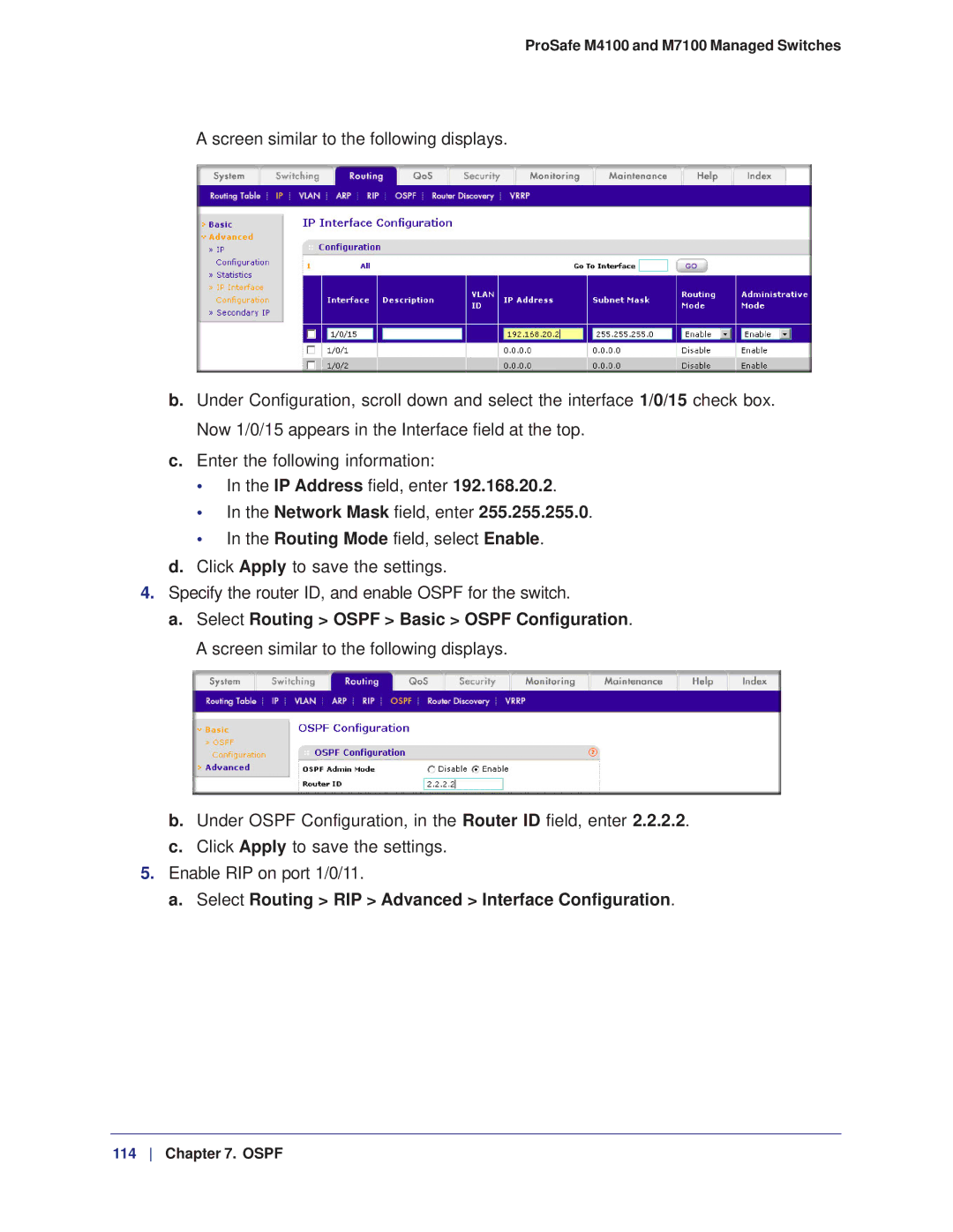 NETGEAR M7100, M4100 manual Select Routing RIP Advanced Interface Configuration 