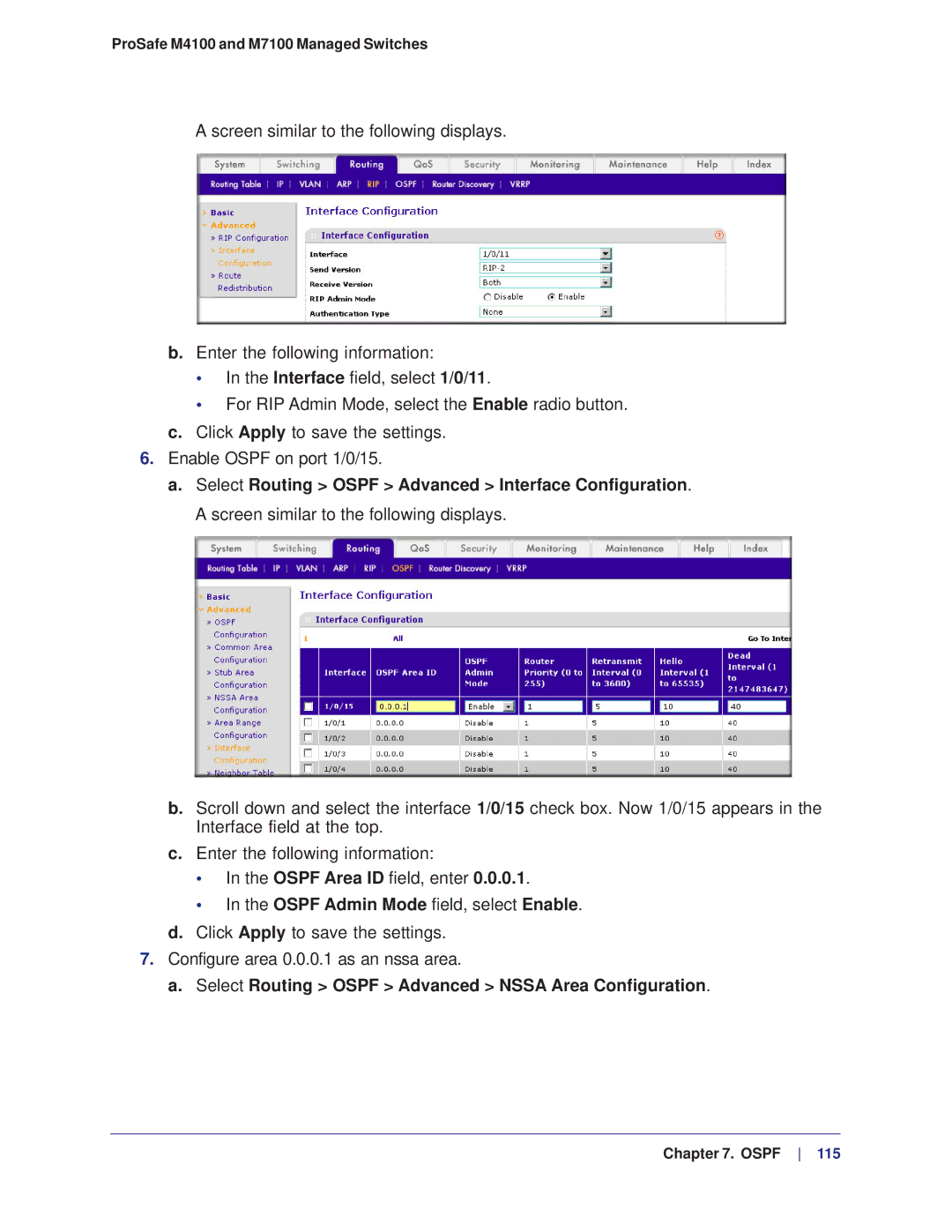 NETGEAR M4100, M7100 manual Select Routing Ospf Advanced Nssa Area Configuration 