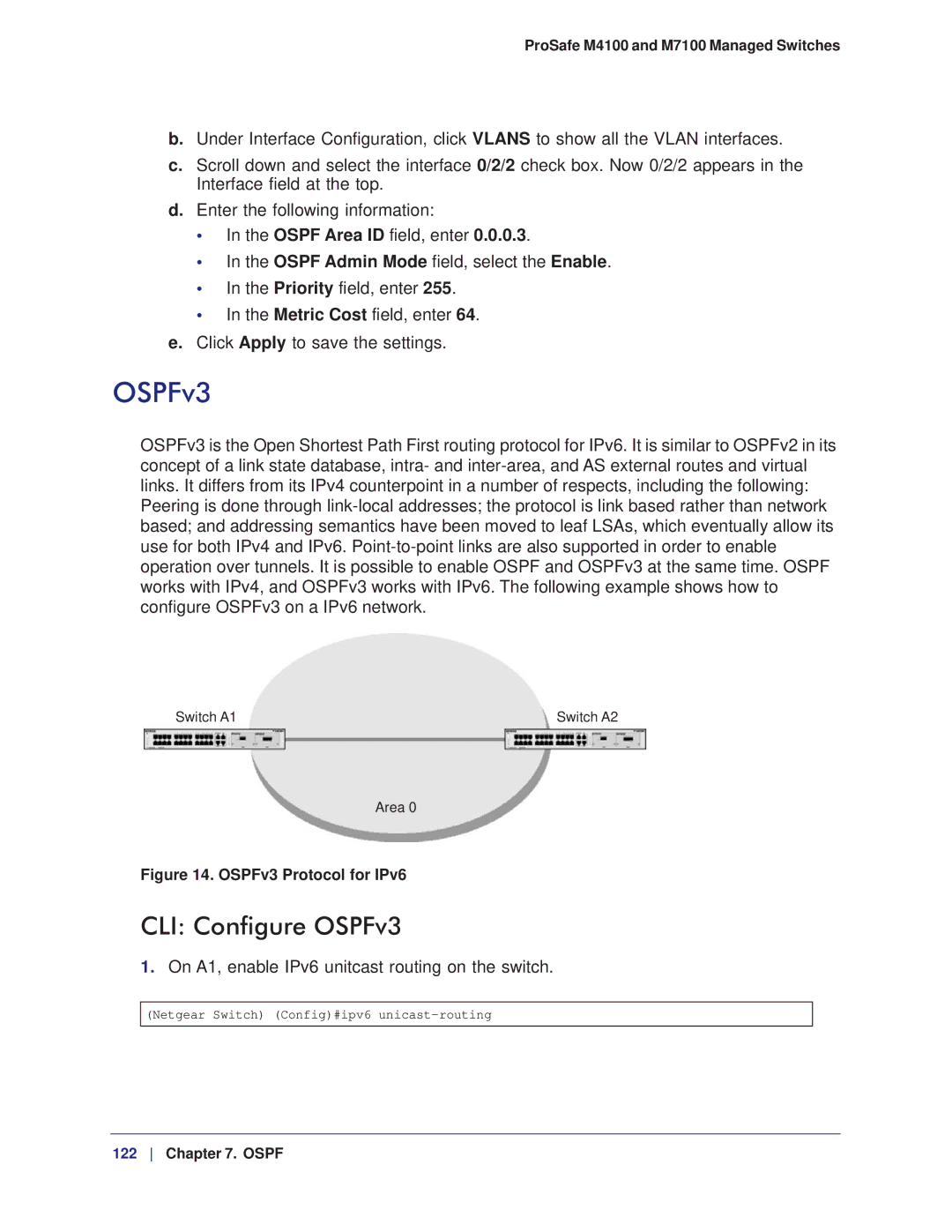 NETGEAR M7100, M4100 manual CLI Configure OSPFv3, On A1, enable IPv6 unitcast routing on the switch 