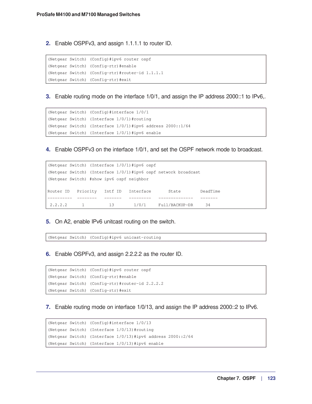 NETGEAR M4100, M7100 Enable OSPFv3, and assign 1.1.1.1 to router ID, On A2, enable IPv6 unitcast routing on the switch 