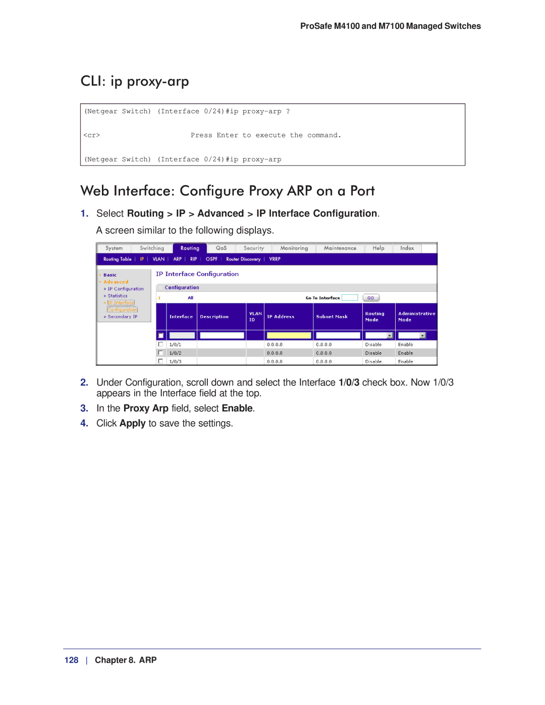 NETGEAR M7100, M4100 manual CLI ip proxy-arp, Web Interface Configure Proxy ARP on a Port 