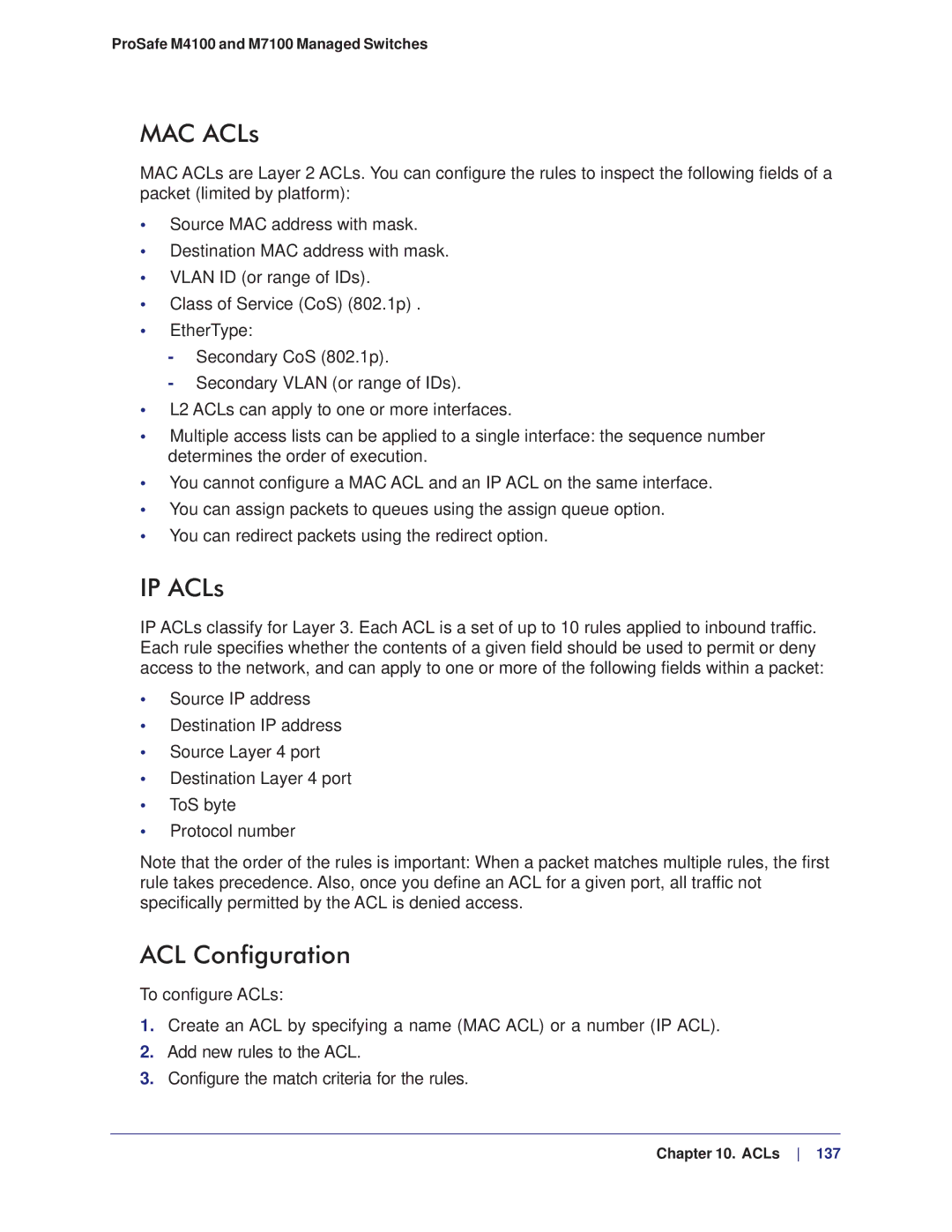 NETGEAR M4100, M7100 manual MAC ACLs, IP ACLs, ACL Configuration 