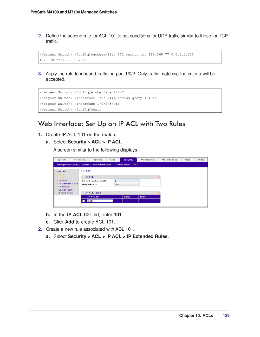 NETGEAR M4100, M7100 manual Web Interface Set Up an IP ACL with Two Rules, Select Security ACL IP ACL IP Extended Rules 