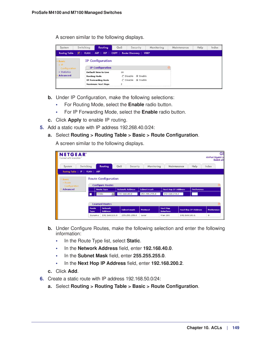 NETGEAR M4100, M7100 manual Select Routing Routing Table Basic Route Configuration 