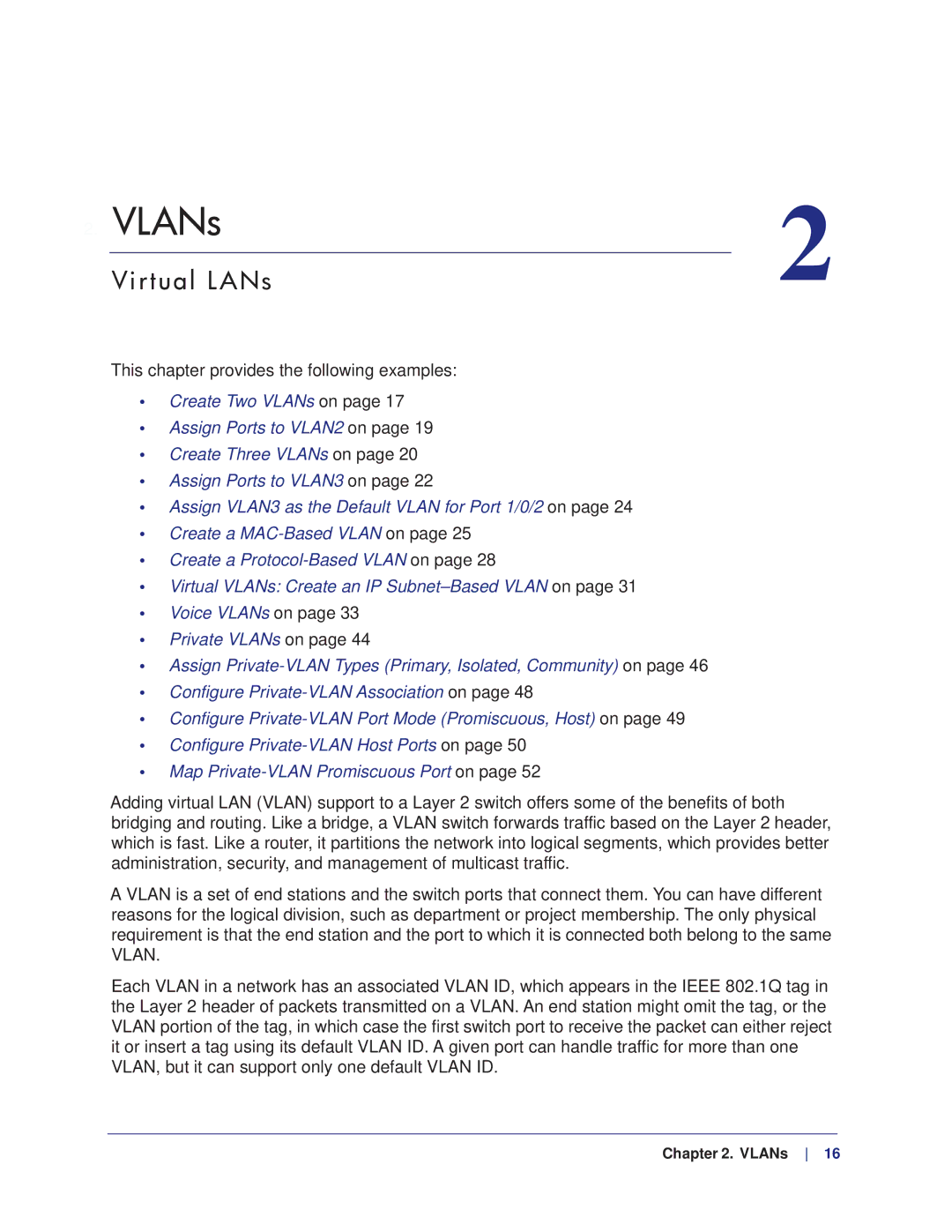 NETGEAR M7100, M4100 manual VLANs, Virtual LANs, This chapter provides the following examples 