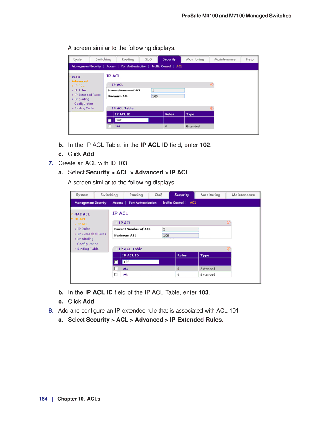 NETGEAR M7100, M4100 manual Select Security ACL Advanced IP Extended Rules 