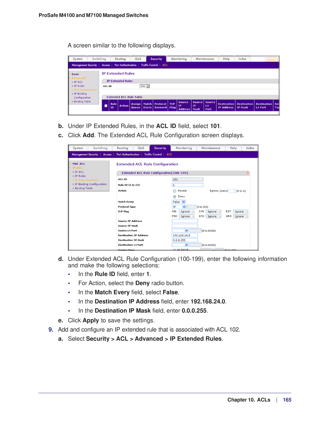 NETGEAR M4100, M7100 manual Select Security ACL Advanced IP Extended Rules 