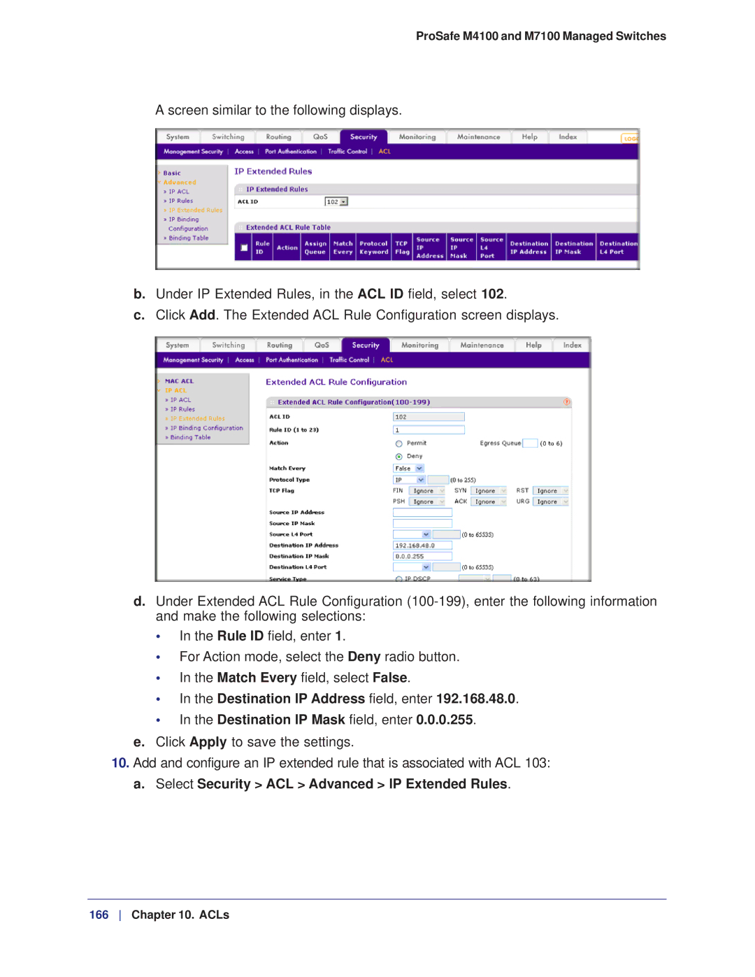 NETGEAR M7100, M4100 manual Select Security ACL Advanced IP Extended Rules 