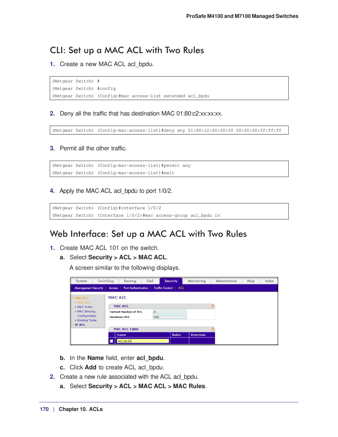 NETGEAR M7100, M4100 manual CLI Set up a MAC ACL with Two Rules, Web Interface Set up a MAC ACL with Two Rules 