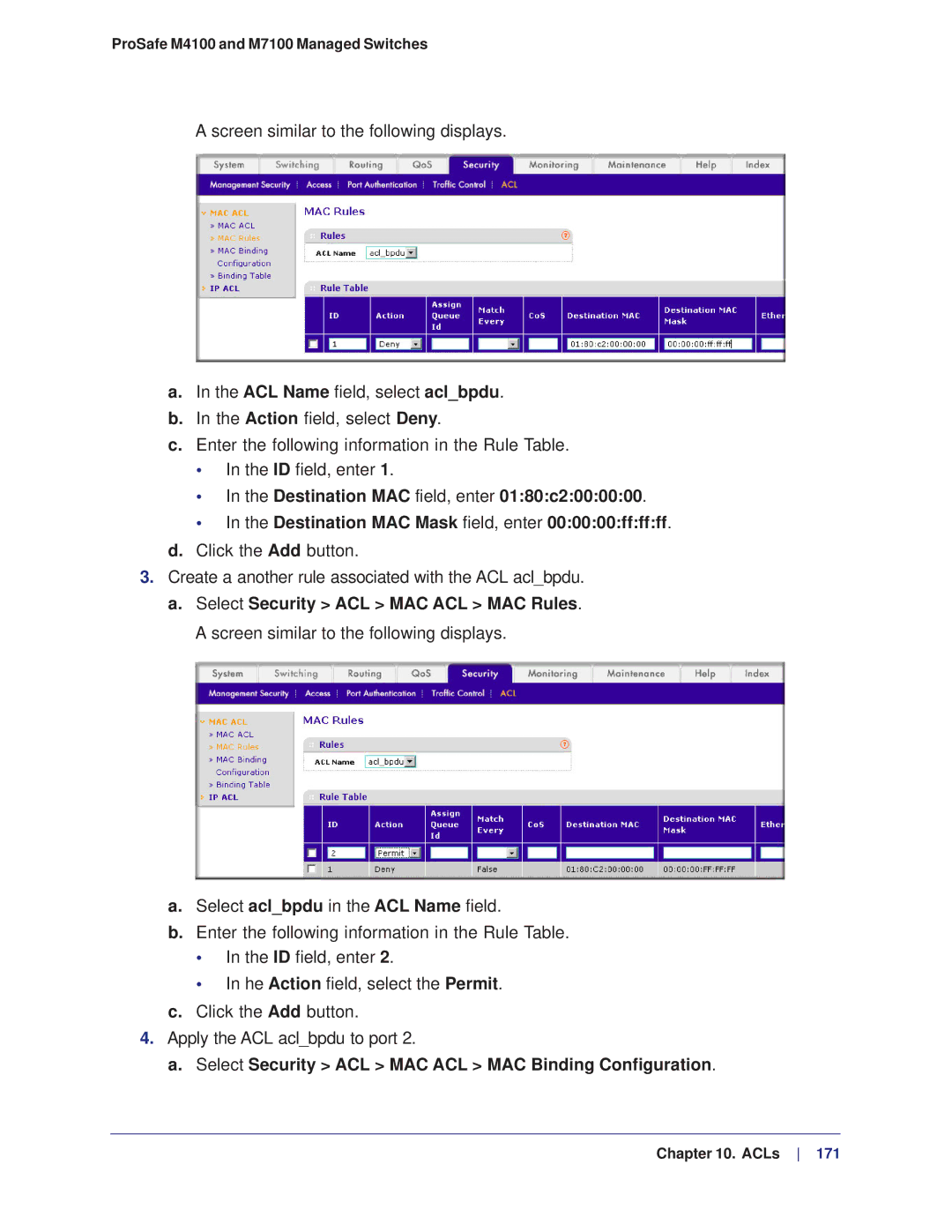 NETGEAR M4100, M7100 manual Select Security ACL MAC ACL MAC Binding Configuration 