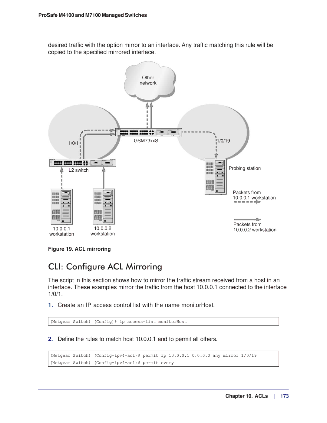 NETGEAR M4100, M7100 manual CLI Configure ACL Mirroring, ACL mirroring 