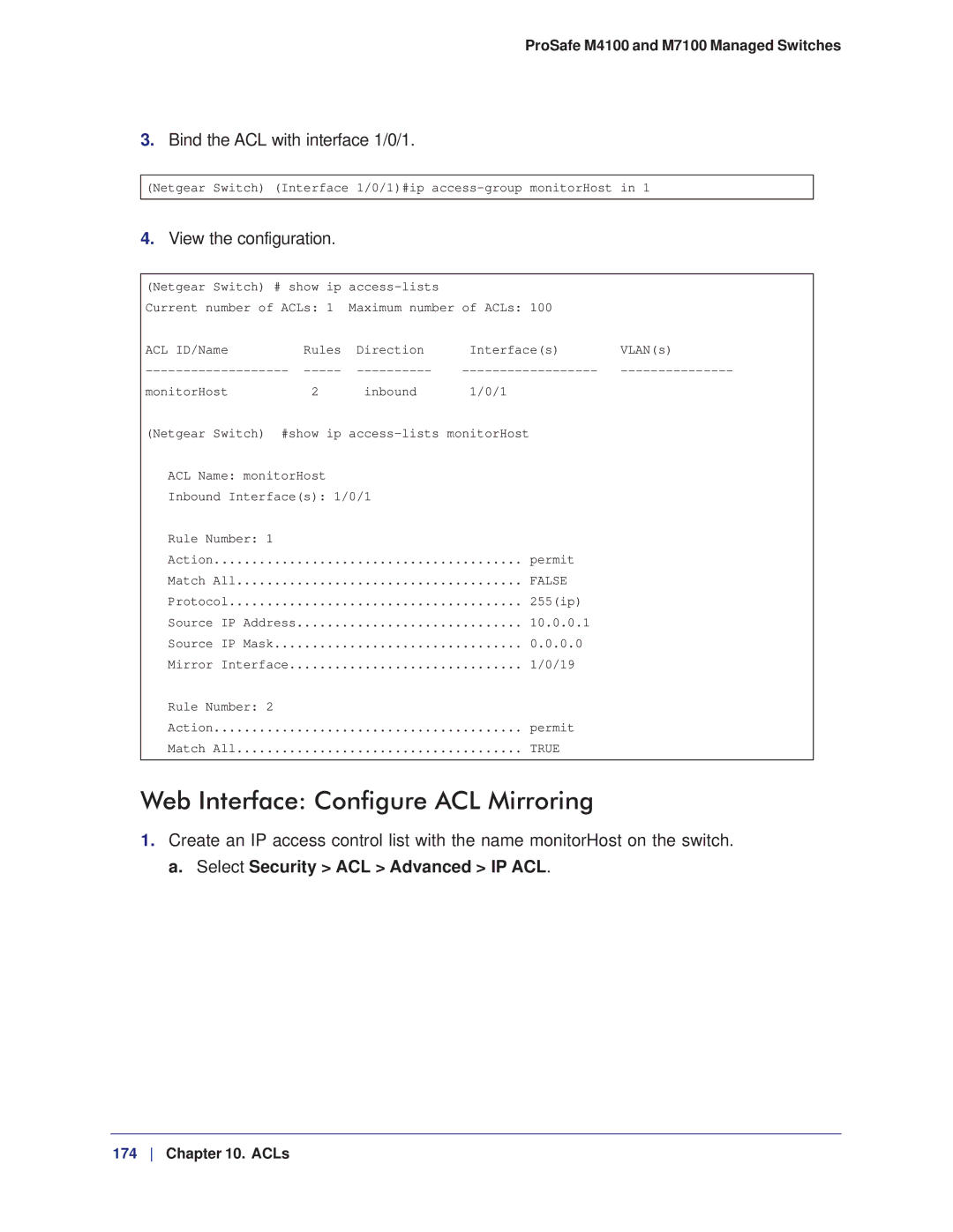 NETGEAR M7100, M4100 manual Web Interface Configure ACL Mirroring, Bind the ACL with interface 1/0/1, View the configuration 