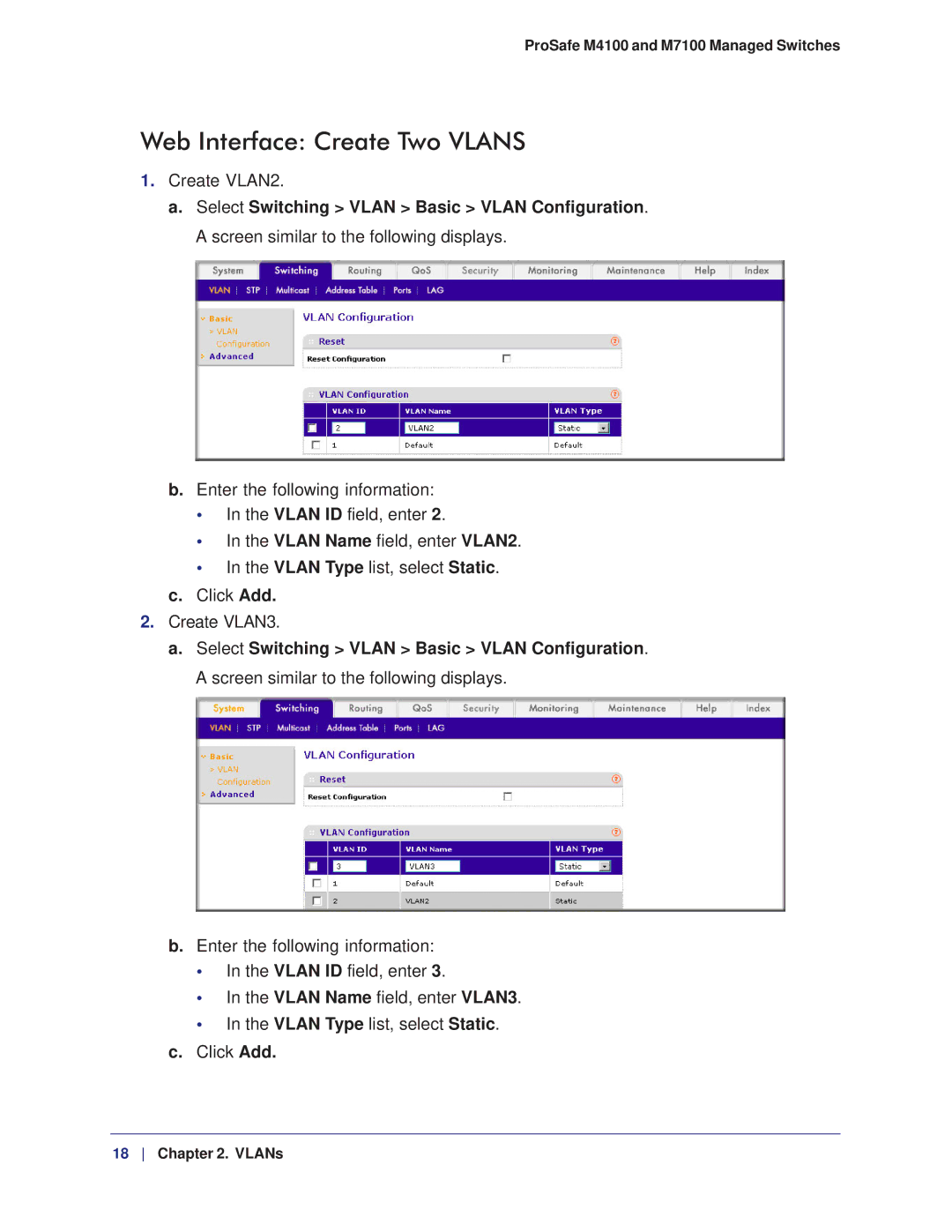 NETGEAR M7100, M4100 manual Web Interface Create Two Vlans 