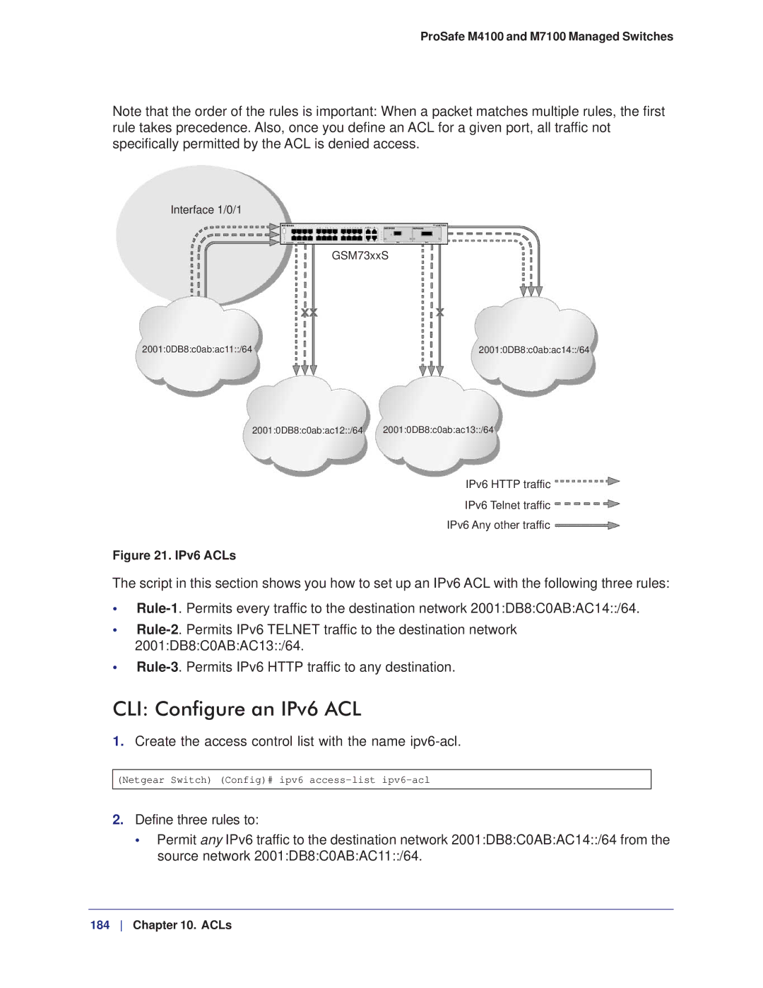 NETGEAR M7100, M4100 manual CLI Configure an IPv6 ACL, Create the access control list with the name ipv6-acl 