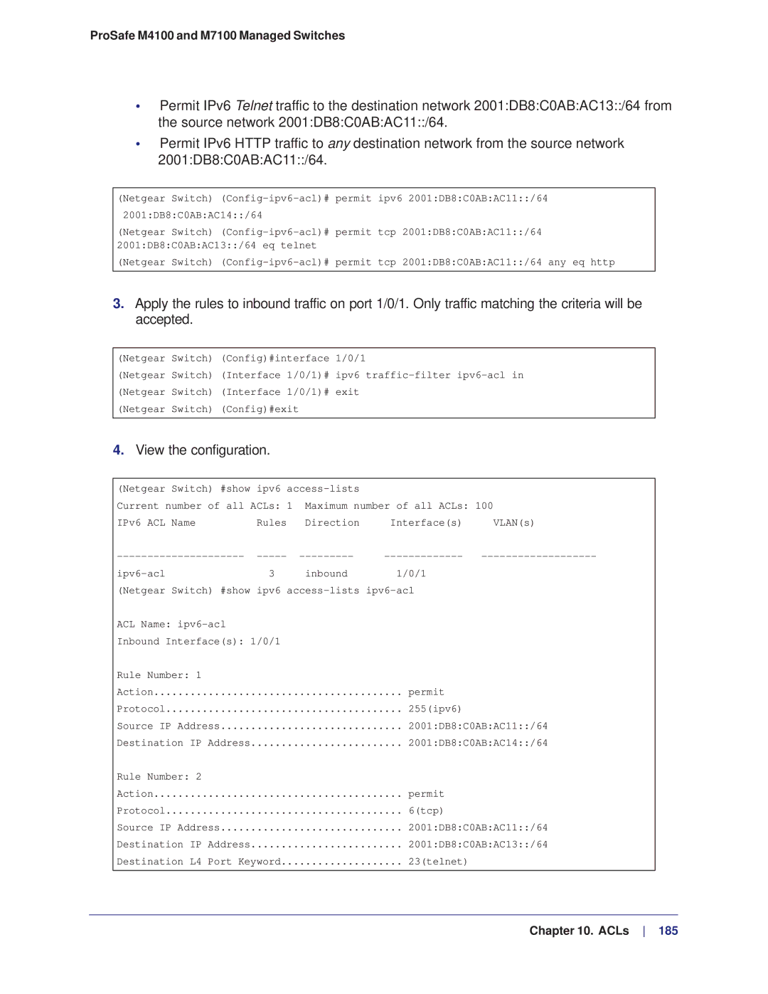 NETGEAR M4100, M7100 manual Netgear Switch #show ipv6 access-lists 