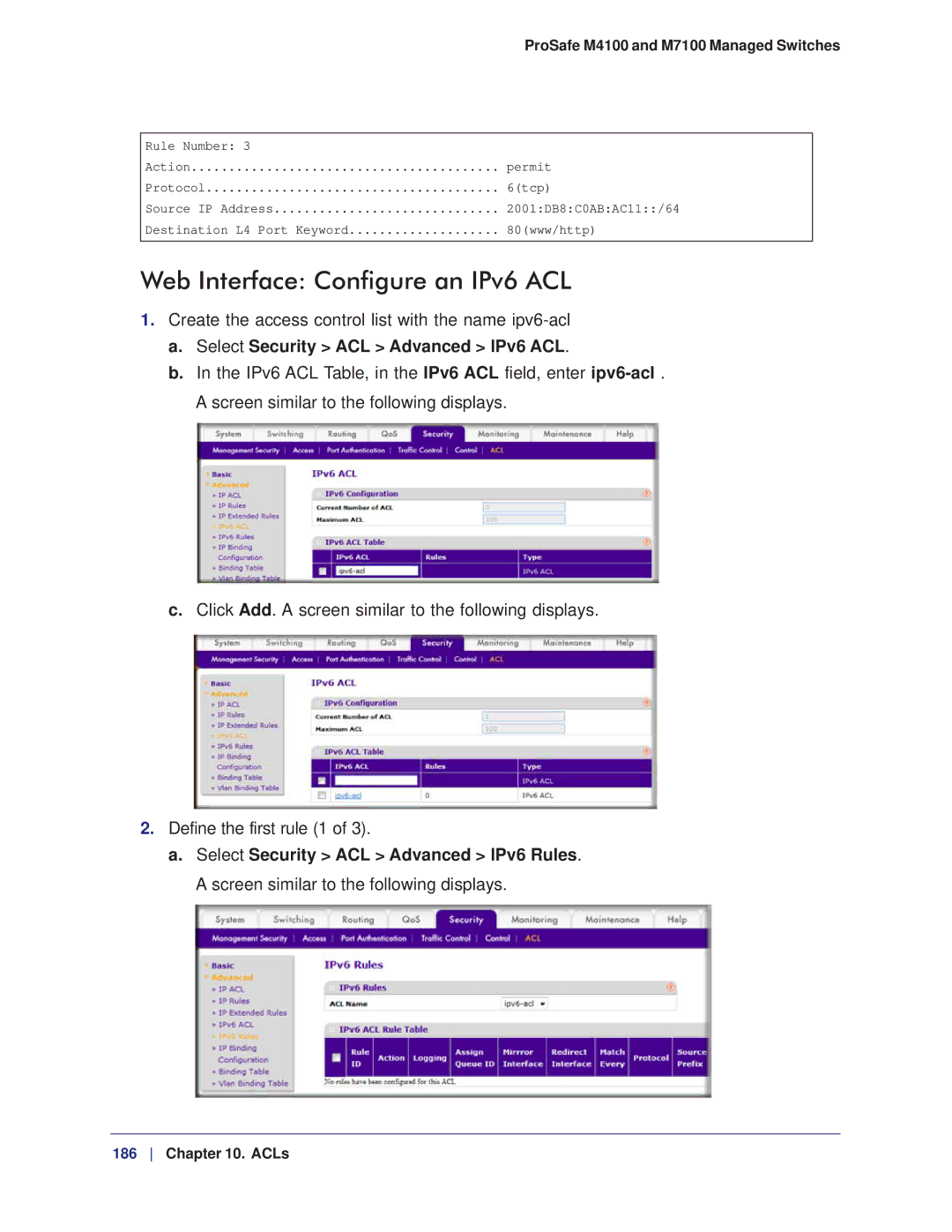 NETGEAR M7100, M4100 manual Web Interface Configure an IPv6 ACL, Select Security ACL Advanced IPv6 ACL 