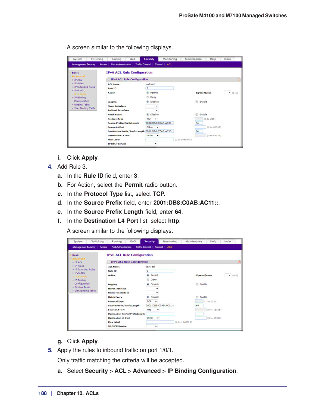 NETGEAR M7100, M4100 manual Select Security ACL Advanced IP Binding Configuration 