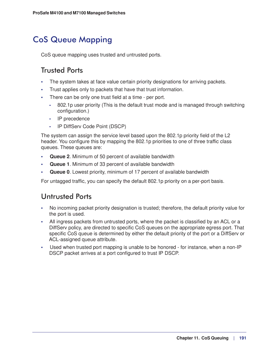 NETGEAR M4100, M7100 CoS Queue Mapping, Trusted Ports, Untrusted Ports, CoS queue mapping uses trusted and untrusted ports 