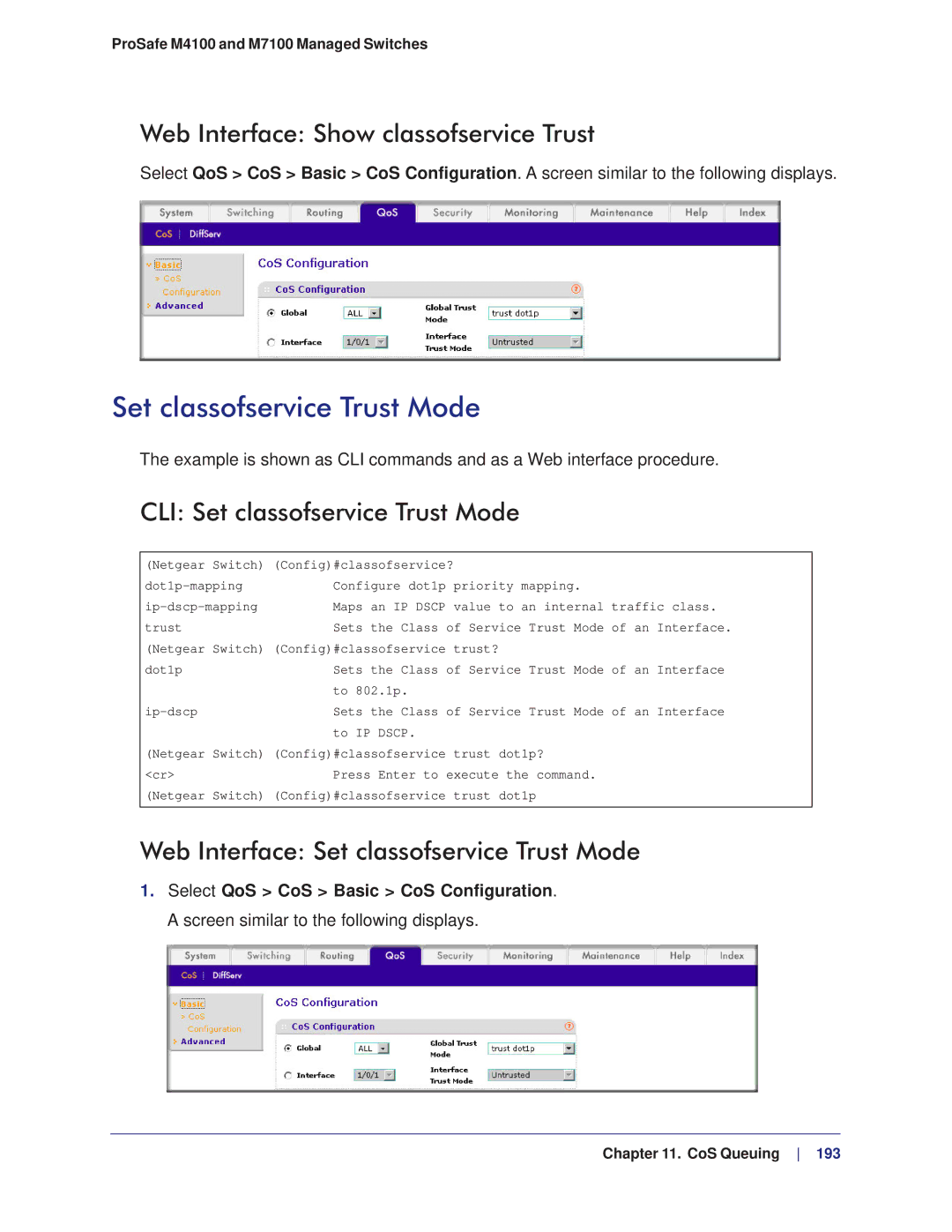 NETGEAR M4100, M7100 manual Web Interface Show classofservice Trust, CLI Set classofservice Trust Mode 