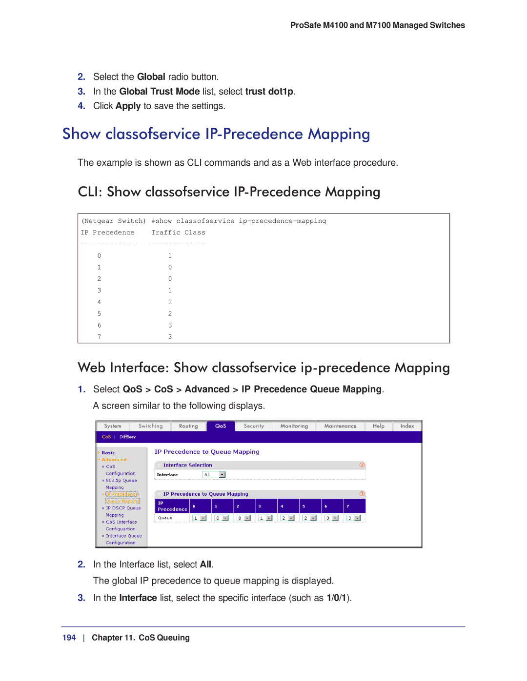 NETGEAR M7100 CLI Show classofservice IP-Precedence Mapping, Web Interface Show classofservice ip-precedence Mapping 