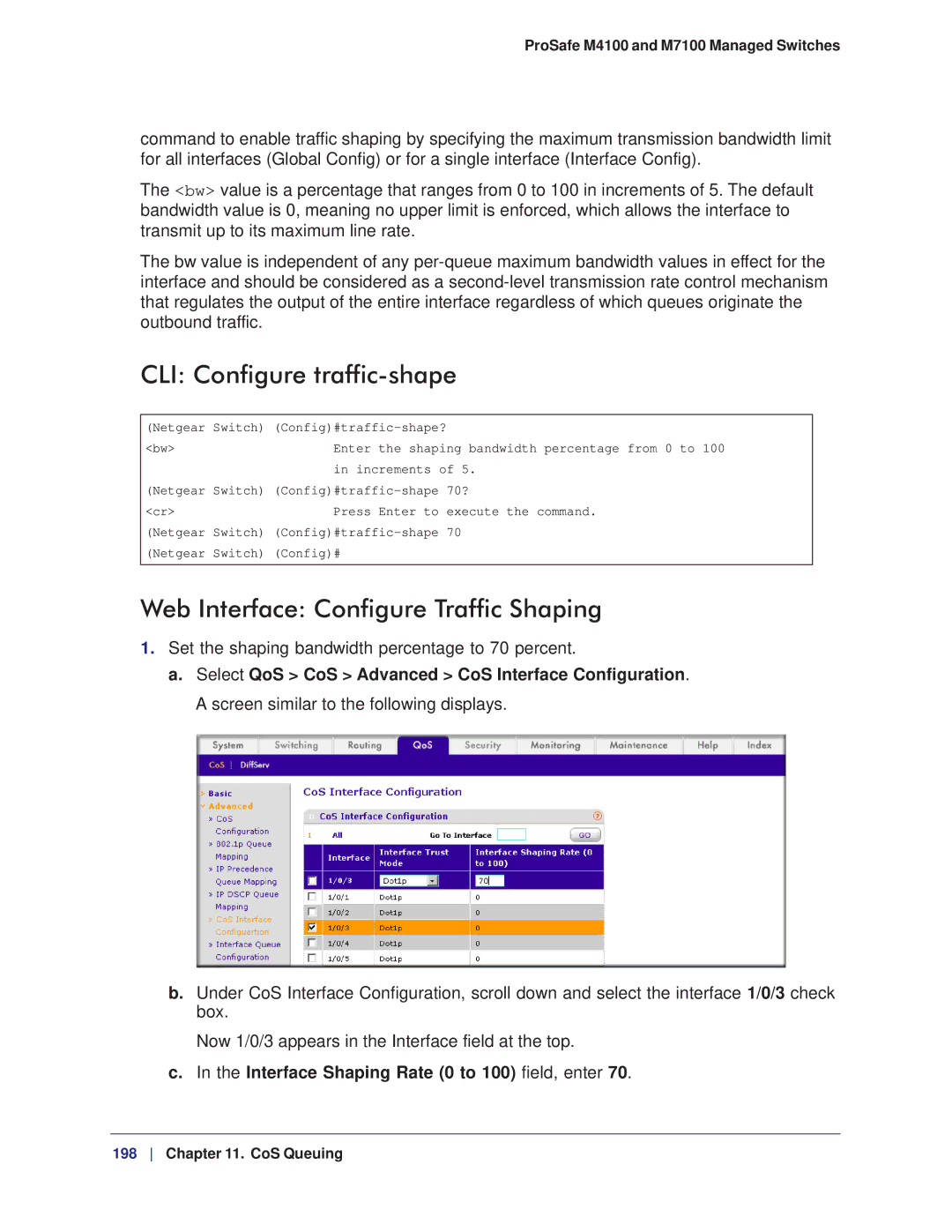 NETGEAR M7100, M4100 manual CLI Configure traffic-shape, Web Interface Configure Traffic Shaping 