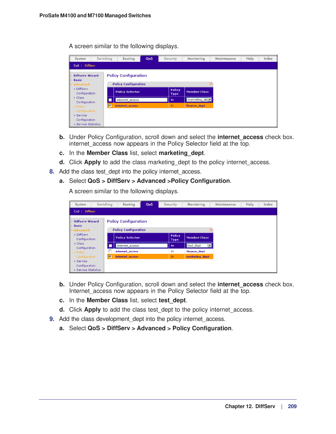 NETGEAR M4100, M7100 manual Member Class list, select marketingdept, Member Class list, select testdept 