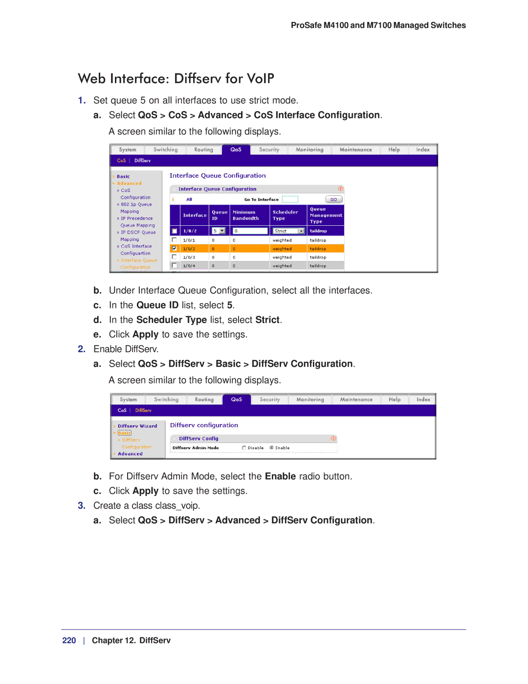 NETGEAR M7100, M4100 manual Web Interface Diffserv for VoIP, Select QoS DiffServ Advanced DiffServ Configuration 