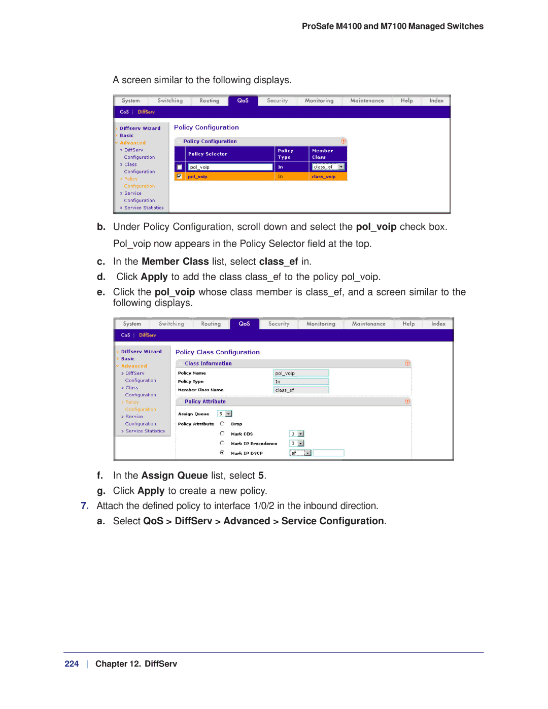 NETGEAR M7100, M4100 manual Select QoS DiffServ Advanced Service Configuration 