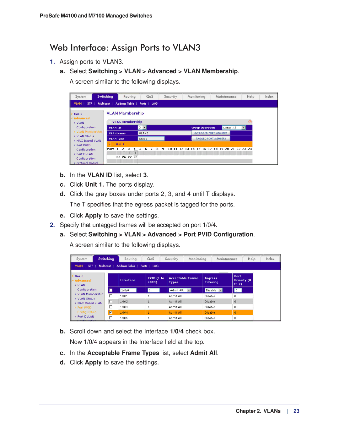 NETGEAR M4100, M7100 manual Web Interface Assign Ports to VLAN3, Acceptable Frame Types list, select Admit All 