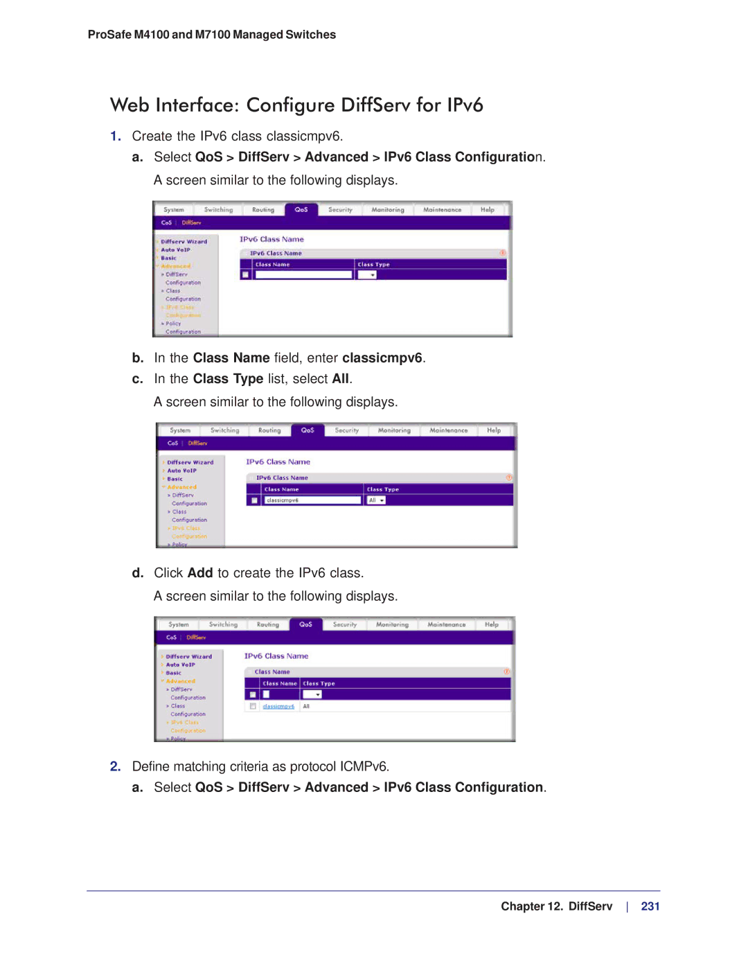 NETGEAR M4100, M7100 manual Web Interface Configure DiffServ for IPv6, Class Name field, enter classicmpv6 