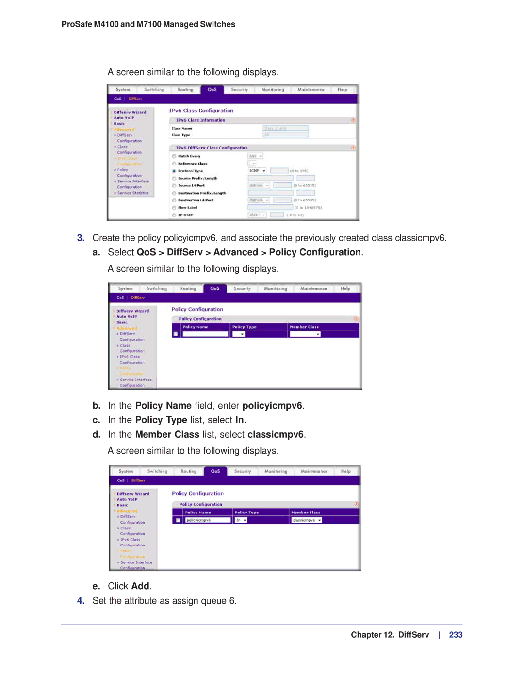 NETGEAR M4100, M7100 manual Policy Name field, enter policyicmpv6 