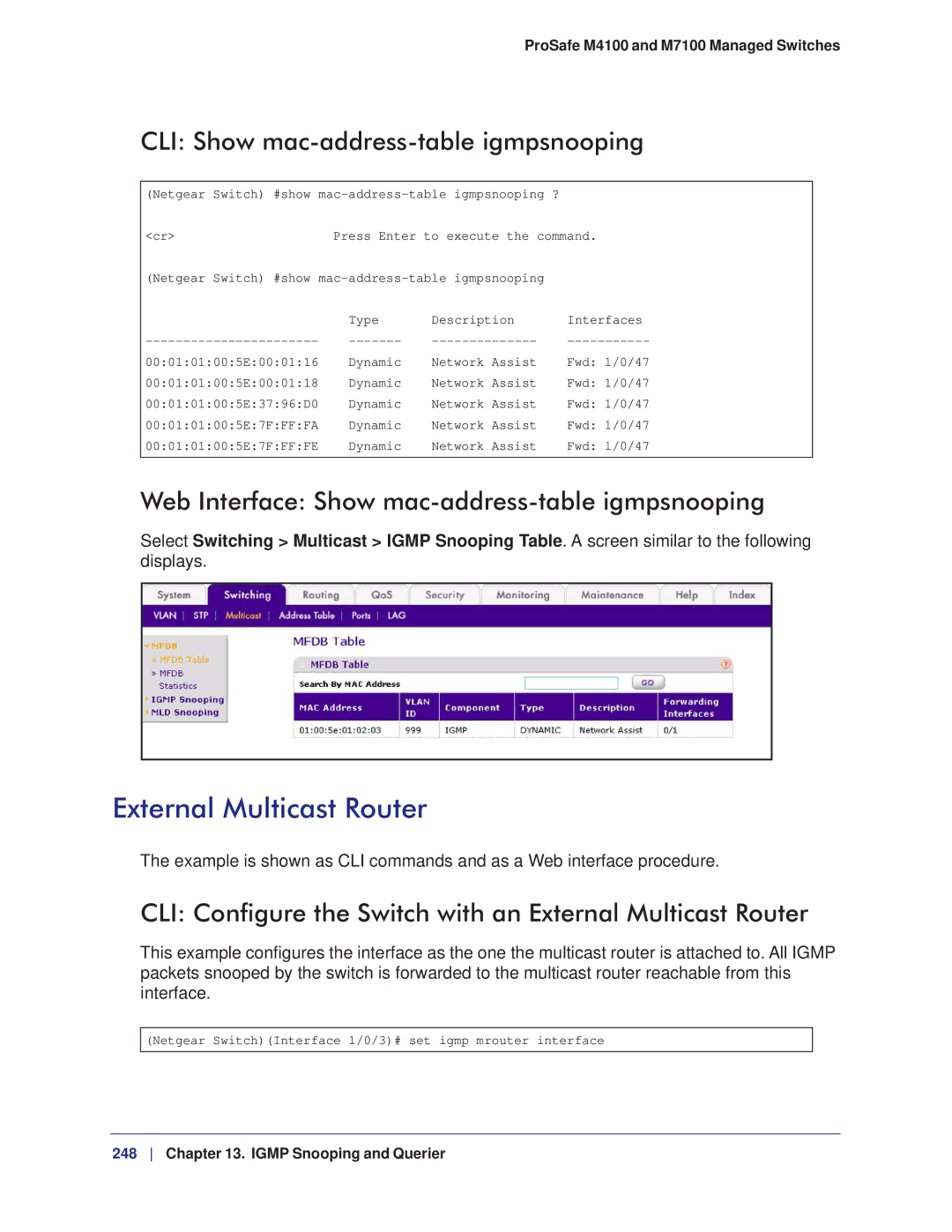 NETGEAR M7100, M4100 manual External Multicast Router, CLI Show mac-address-table igmpsnooping 