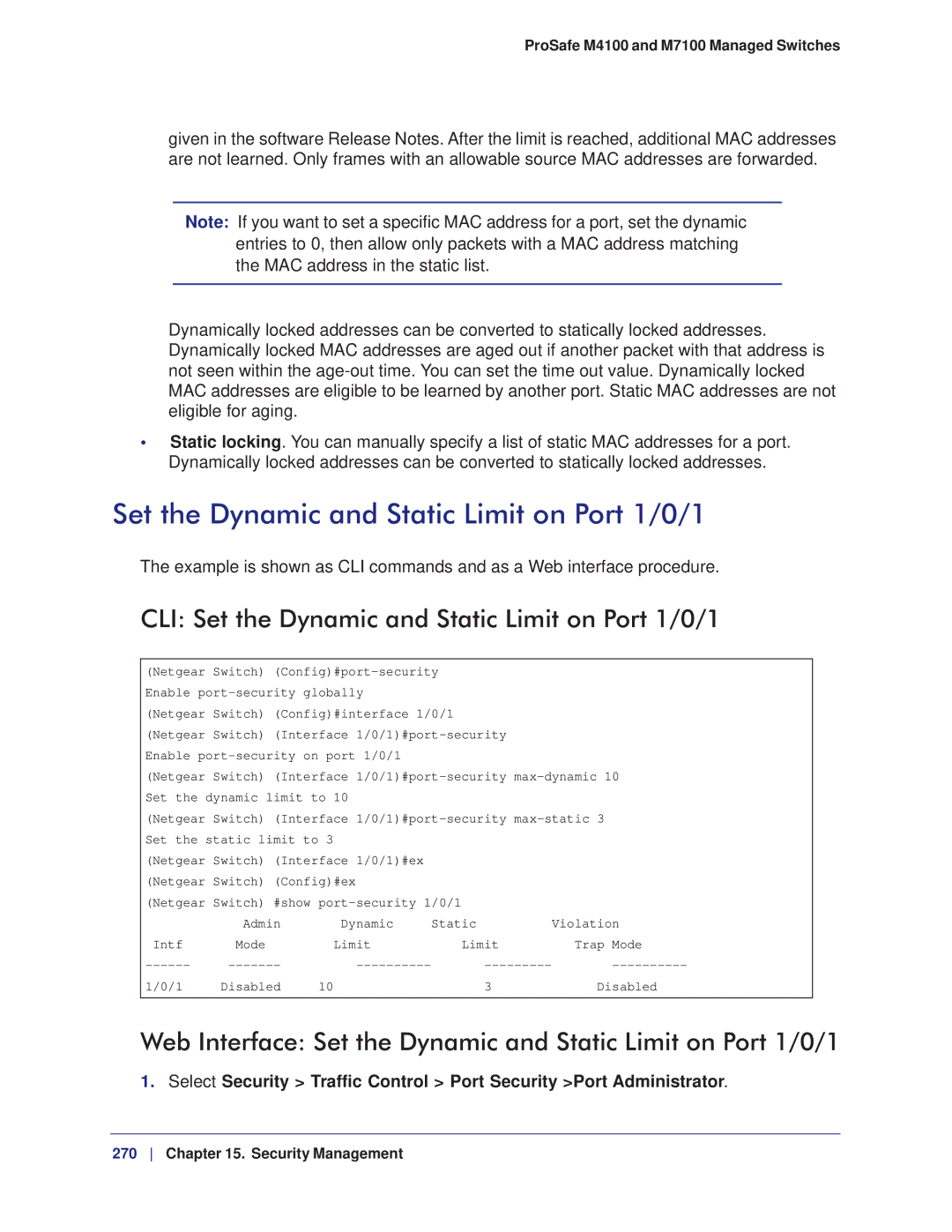 NETGEAR M7100, M4100 manual CLI Set the Dynamic and Static Limit on Port 1/0/1 