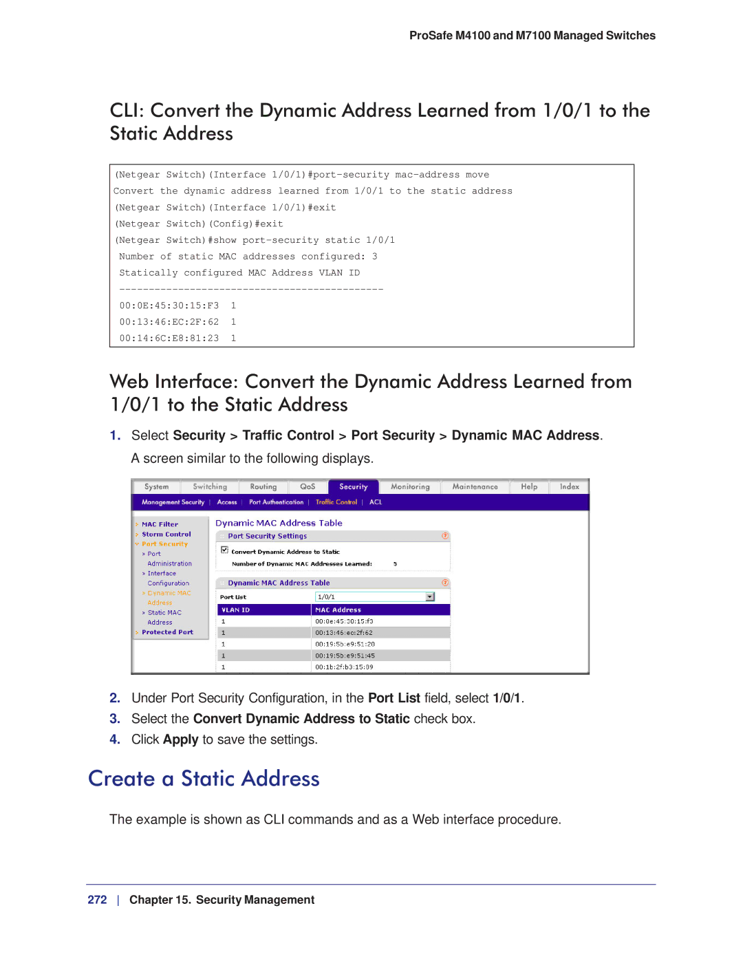 NETGEAR M7100, M4100 manual Create a Static Address, Select the Convert Dynamic Address to Static check box 