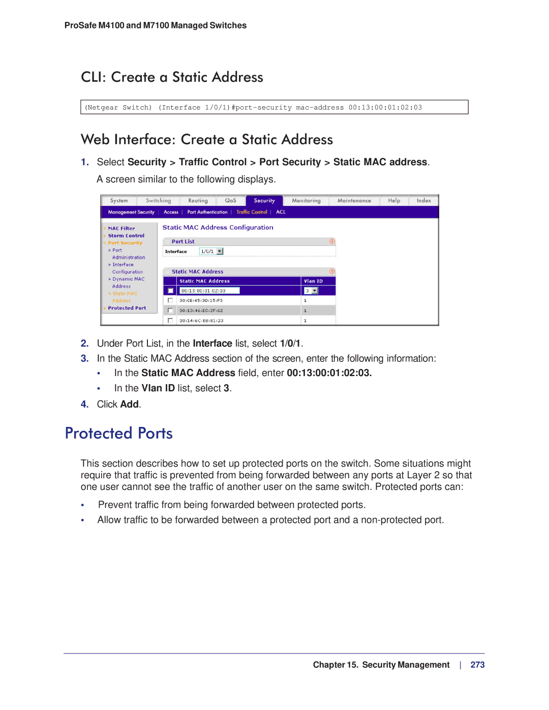 NETGEAR M4100, M7100 manual Protected Ports, CLI Create a Static Address, Web Interface Create a Static Address 