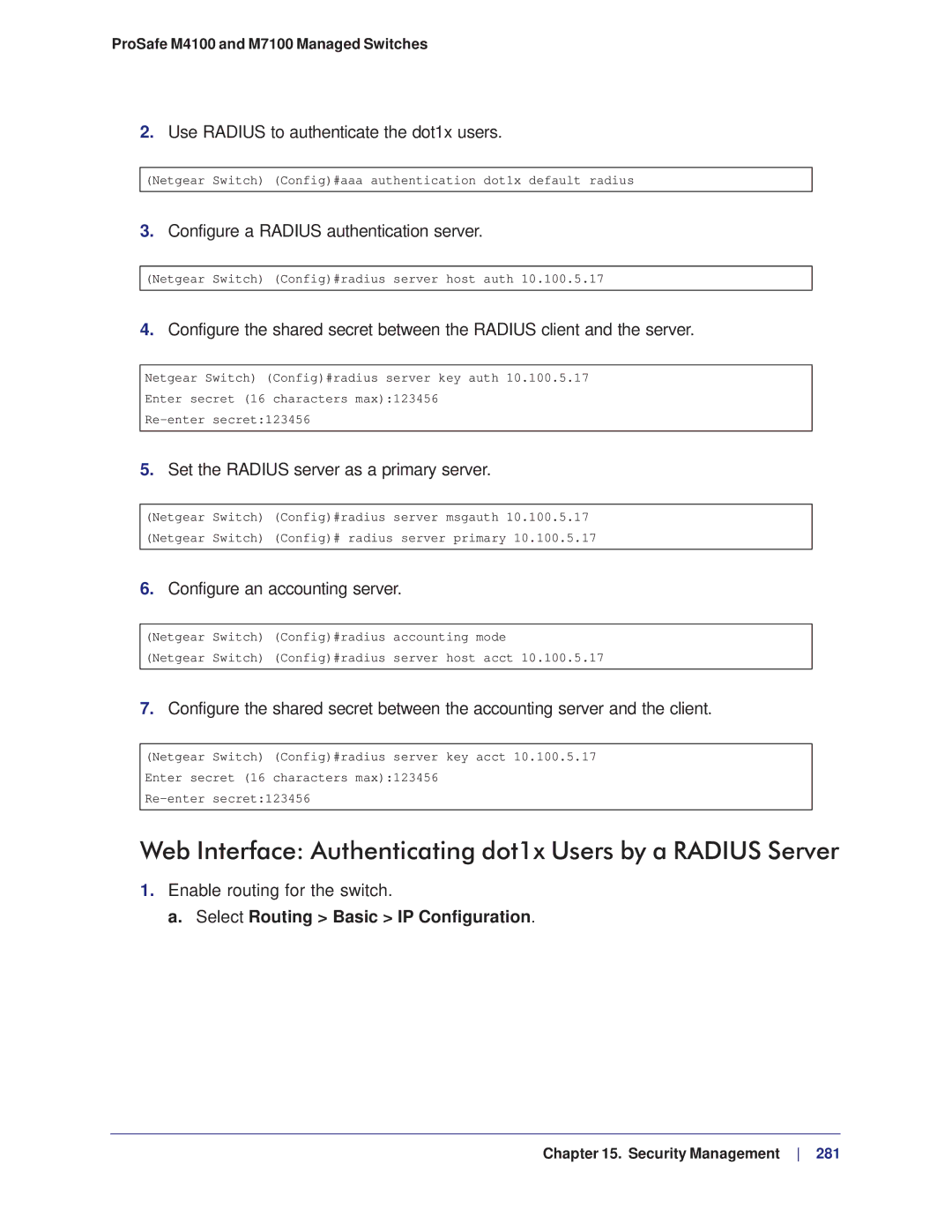 NETGEAR M4100, M7100 Web Interface Authenticating dot1x Users by a Radius Server, Select Routing Basic IP Configuration 