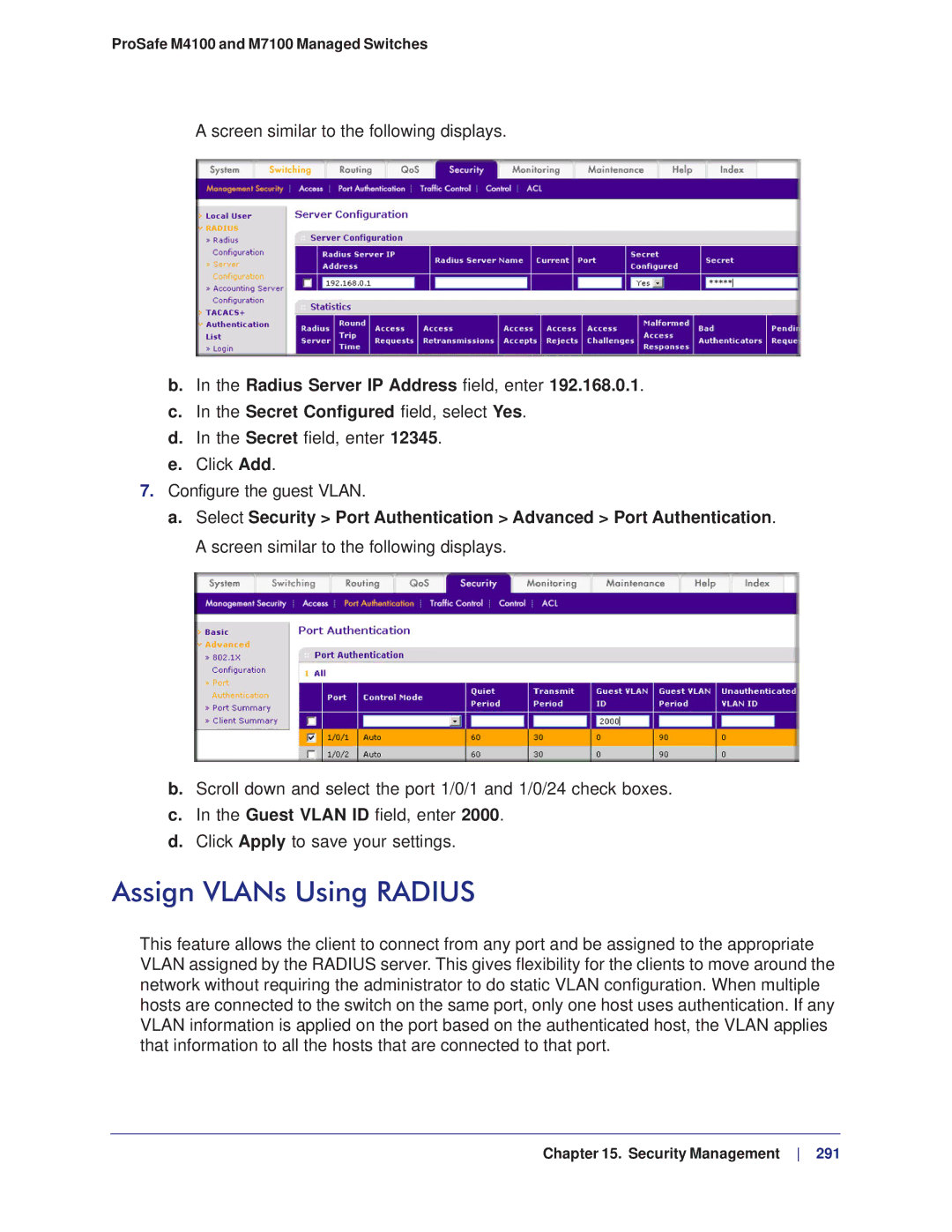 NETGEAR M4100, M7100 manual Assign VLANs Using Radius, Radius Server IP Address field, enter 