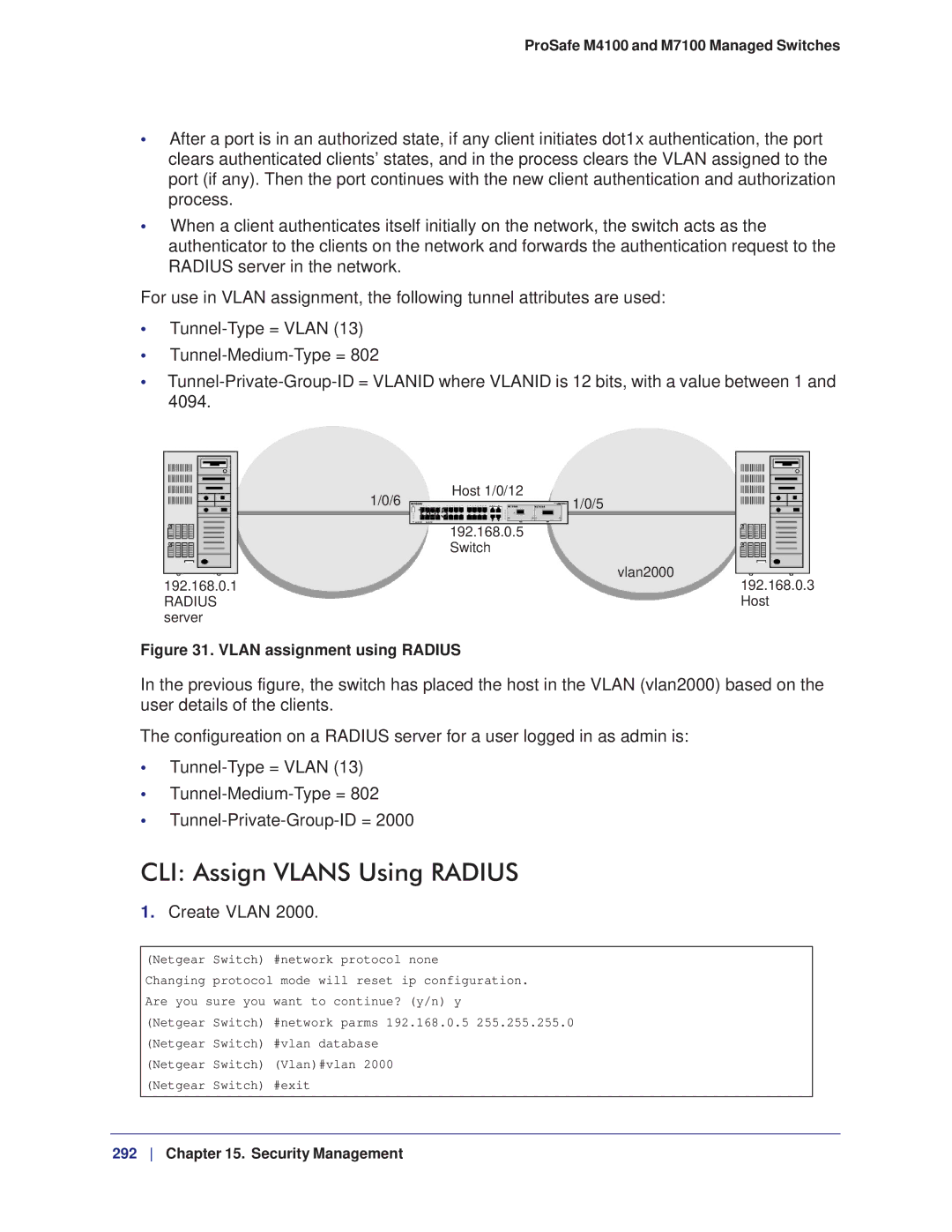 NETGEAR M7100, M4100 manual CLI Assign Vlans Using Radius, Netgear Switch #network protocol none 