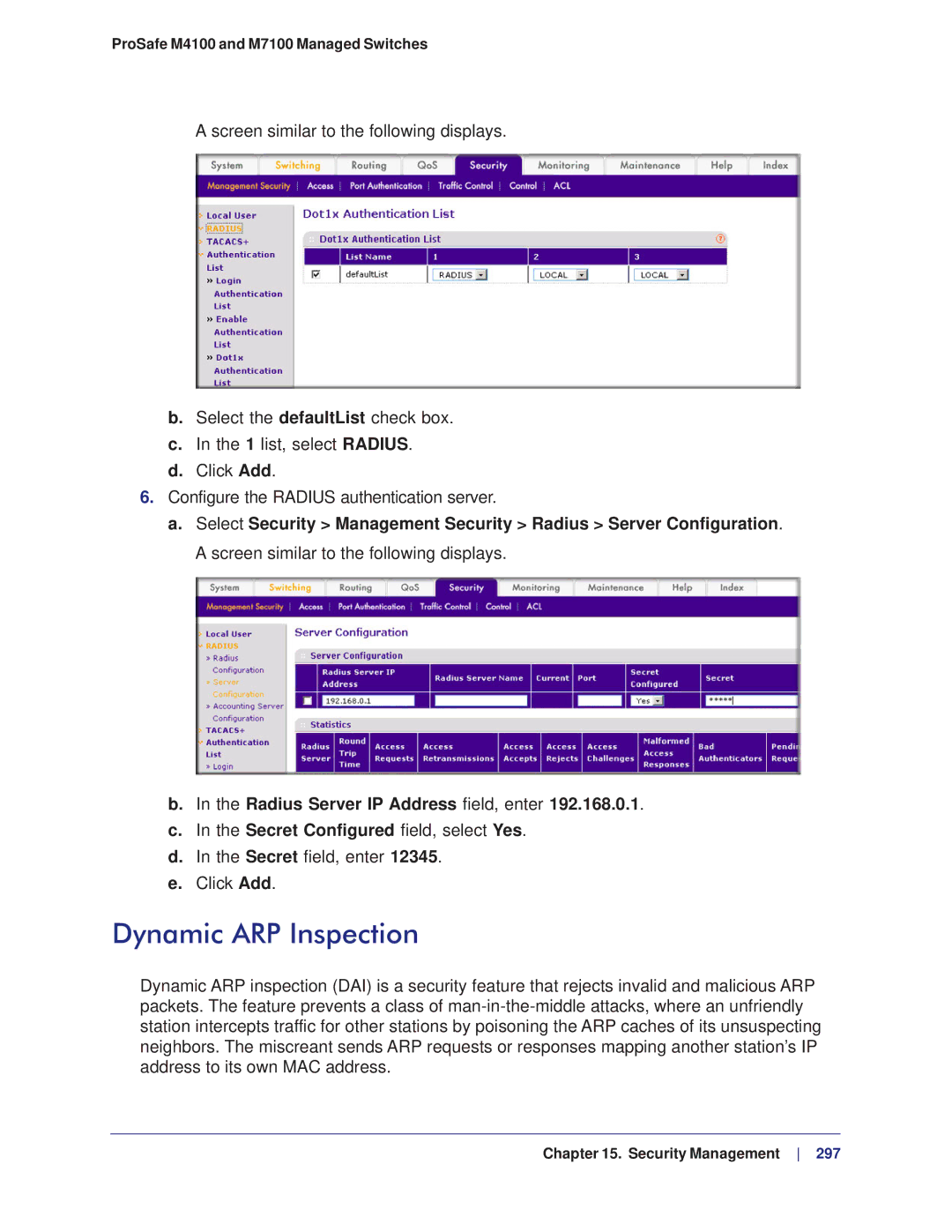 NETGEAR M4100, M7100 manual Dynamic ARP Inspection, Radius Server IP Address field, enter 