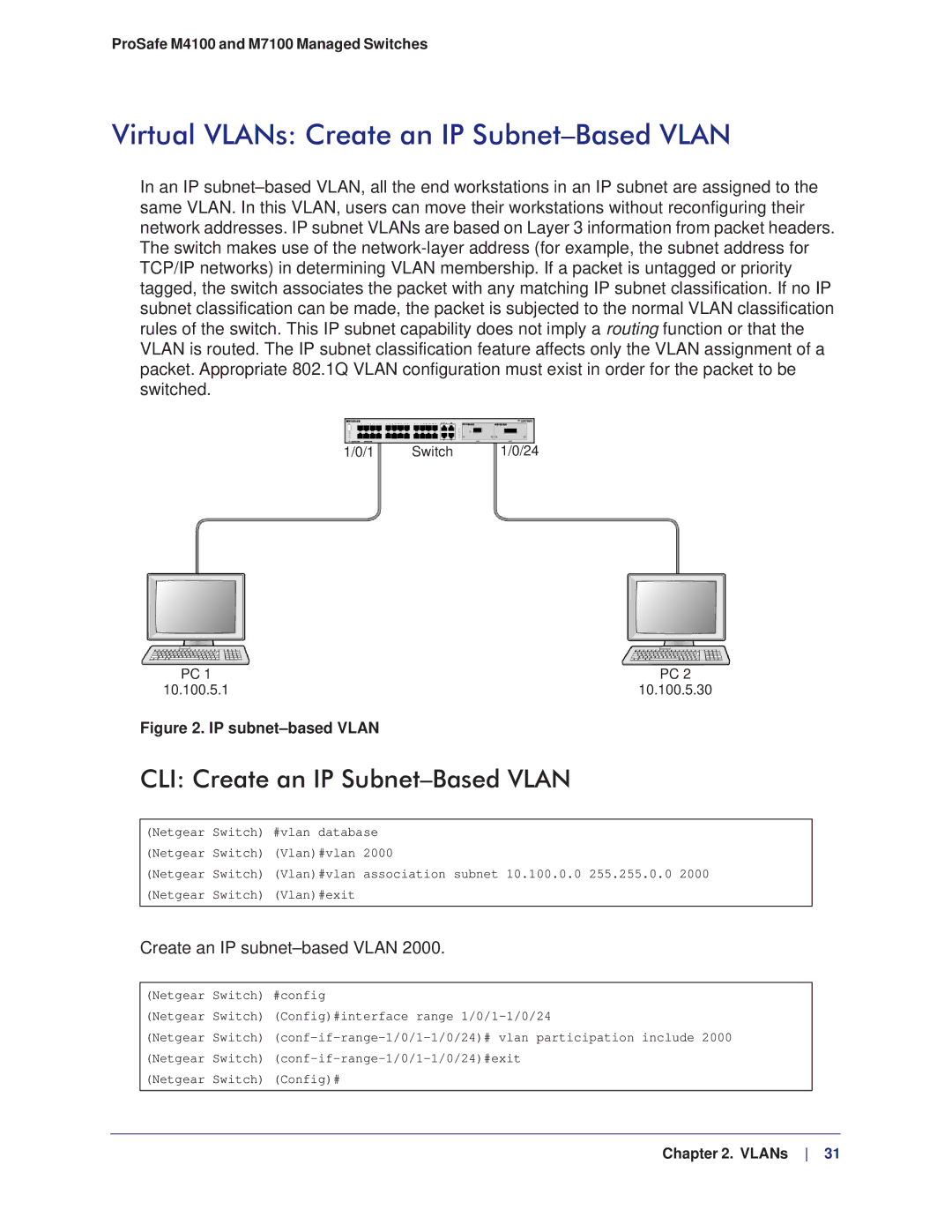 NETGEAR M4100, M7100 manual Virtual VLANs Create an IP Subnet-Based Vlan, CLI Create an IP Subnet-Based Vlan 