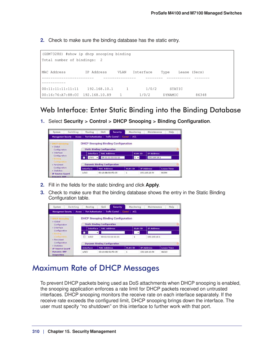 NETGEAR M7100, M4100 manual Maximum Rate of Dhcp Messages, Select Security Control Dhcp Snooping Binding Configuration 