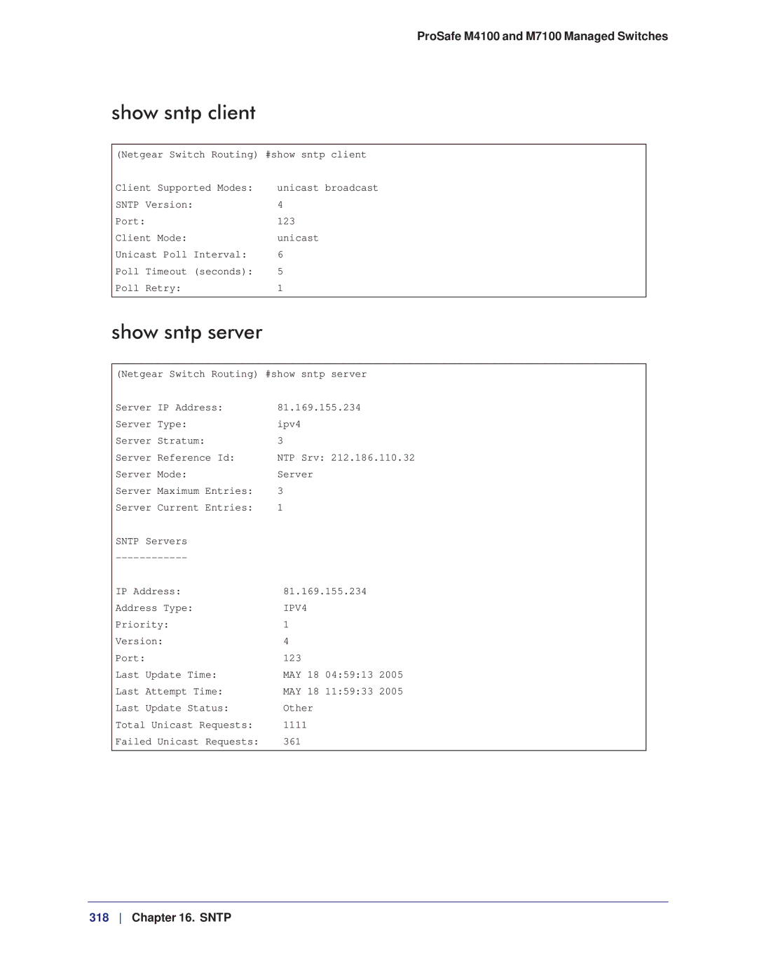 NETGEAR M7100, M4100 manual Show sntp client, Show sntp server 