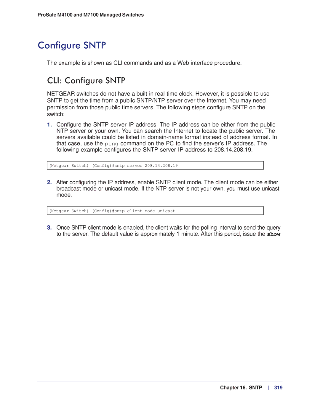 NETGEAR M4100, M7100 manual CLI Configure Sntp 