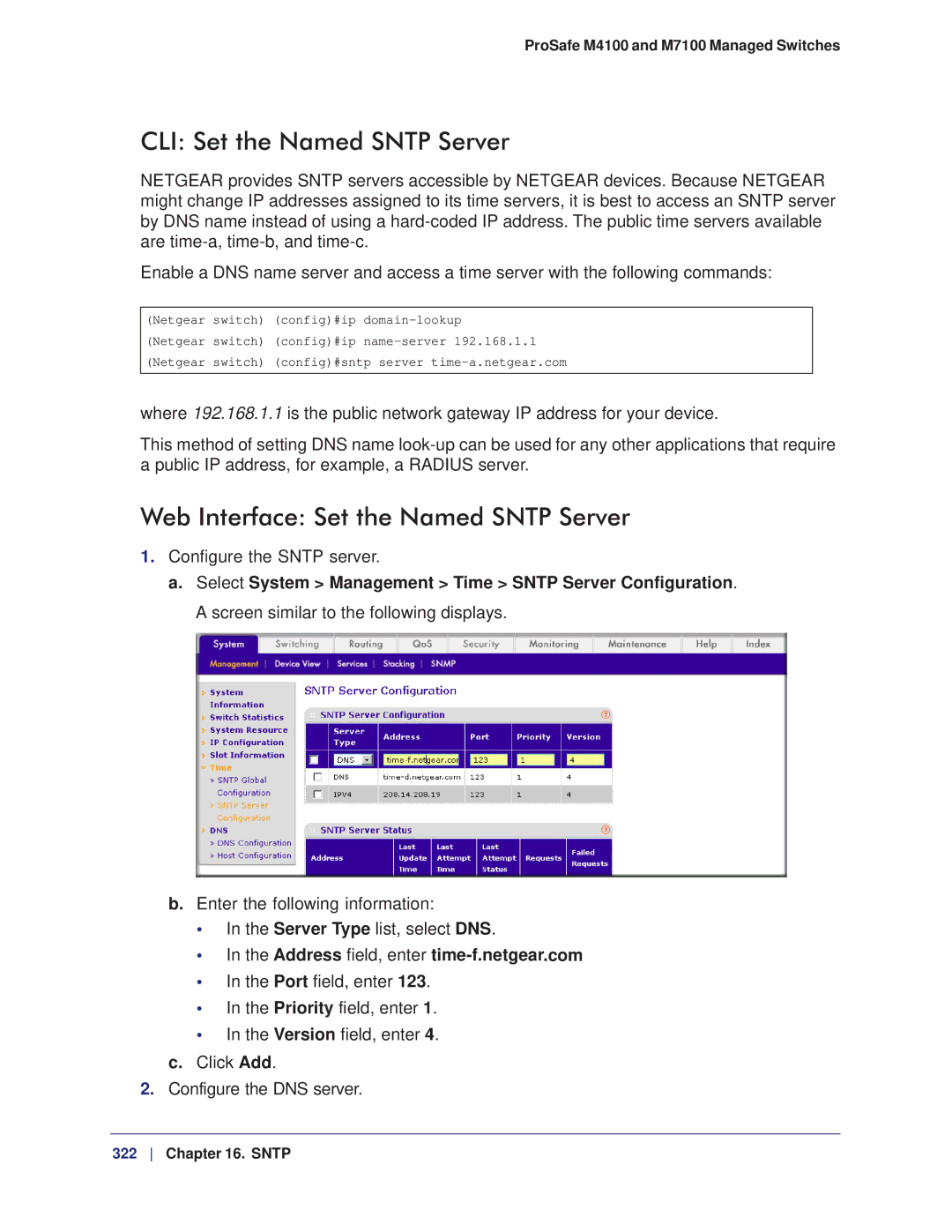 NETGEAR M7100, M4100 manual CLI Set the Named Sntp Server, Web Interface Set the Named Sntp Server 