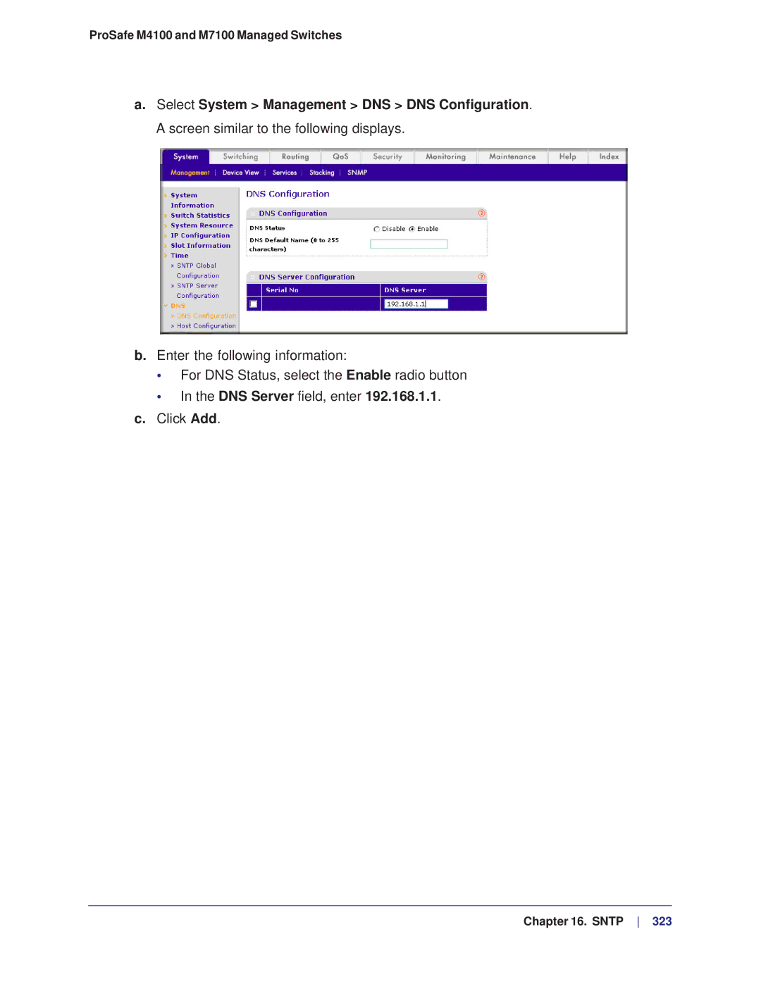 NETGEAR M4100, M7100 manual DNS Server field, enter 